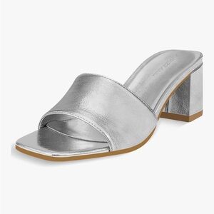 Silver Block Heel Slide Sandals